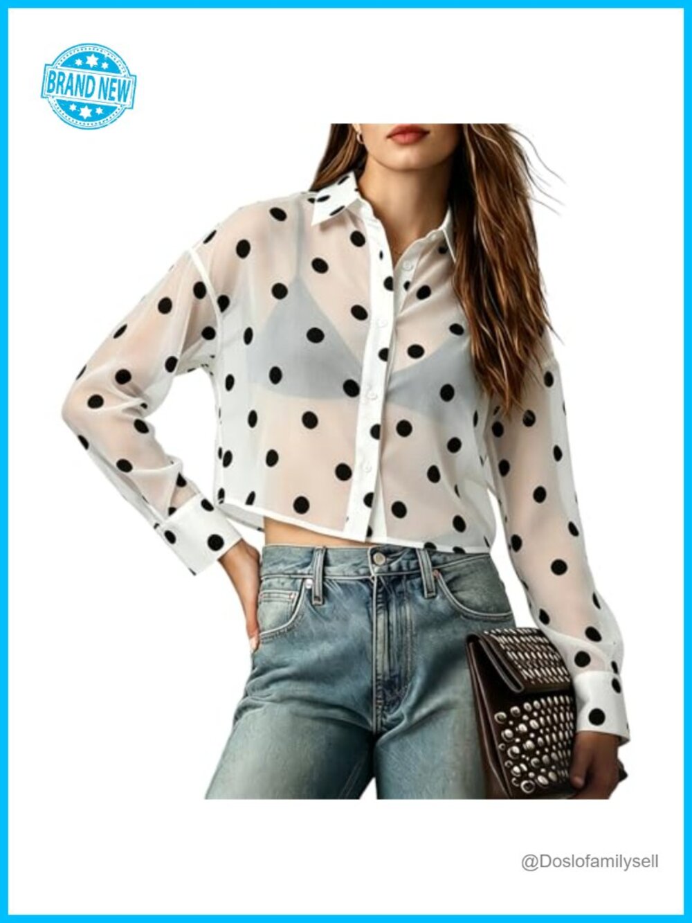 Sheer Button Down Blouse Cropped See Through Long Sleeve Top
